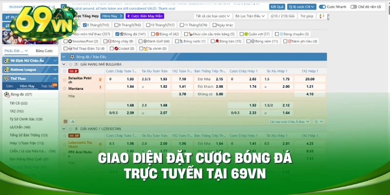Giao diện đặt cược bóng đá trực tuyến tại 69VN